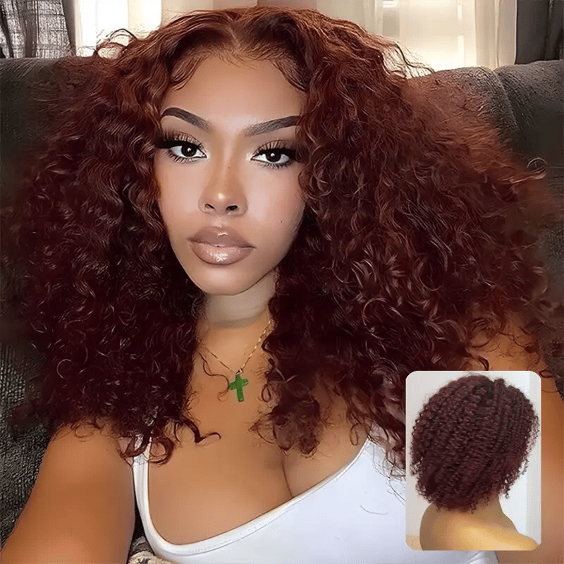 Perruque courte bouclée Beyond Basics Bob, cheveux humains, 5x5, sans colle, brun rougeâtre, bouclée, 12 pouces, Deep Wave, Wear&amp;Go 