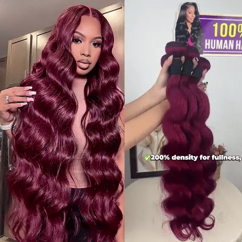 99J Burgundy 18–36 Inch Luxury Body Wave Virgin Indian Hair Bundles – 3/4 Bundles, Silky & Full, 100% Human Hair Extensions