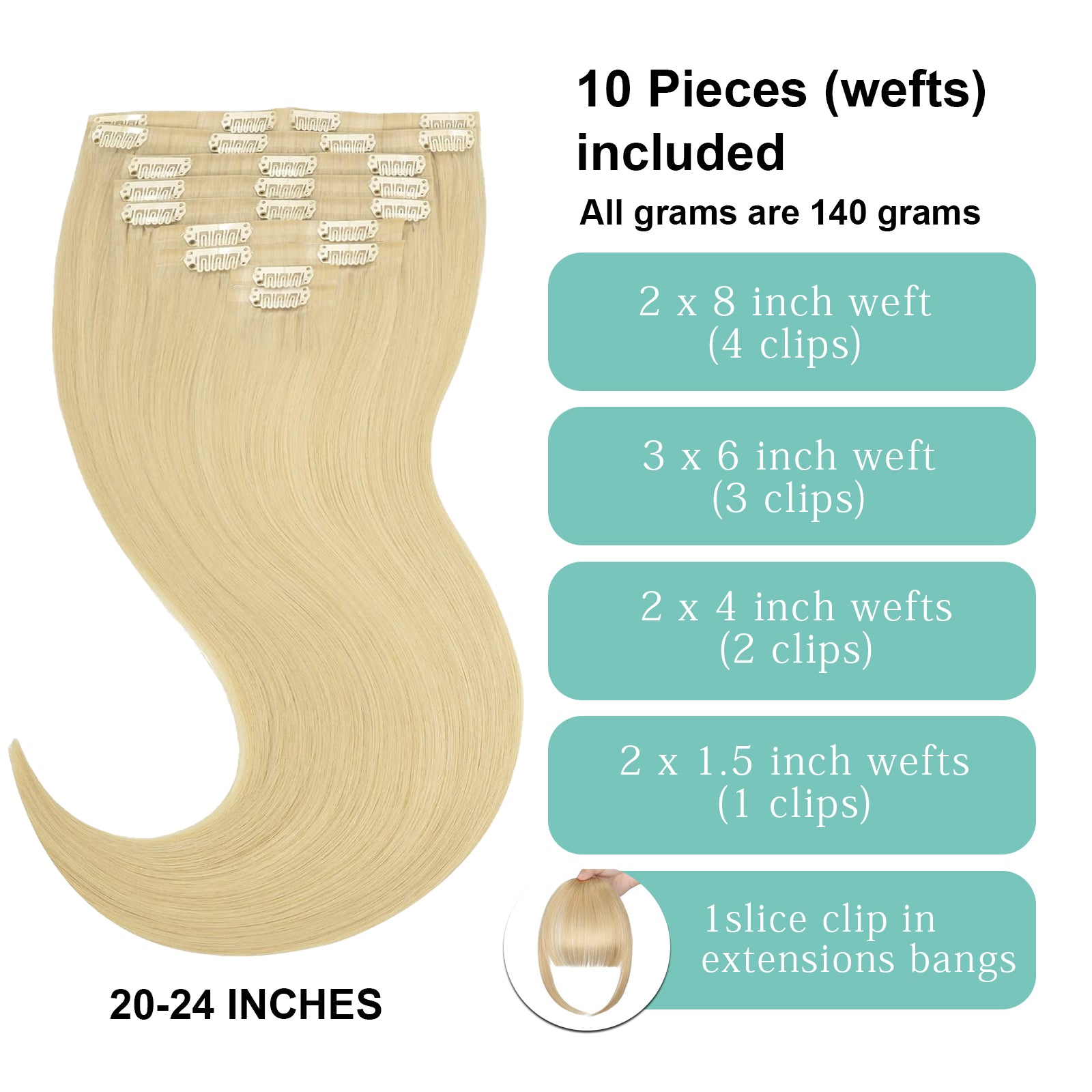 12A Clip in Extensions Remy Human Hair With Bangs 613 BlondeSilky Straight Clip in Hair Extensions 100% Real Soft Human Hair