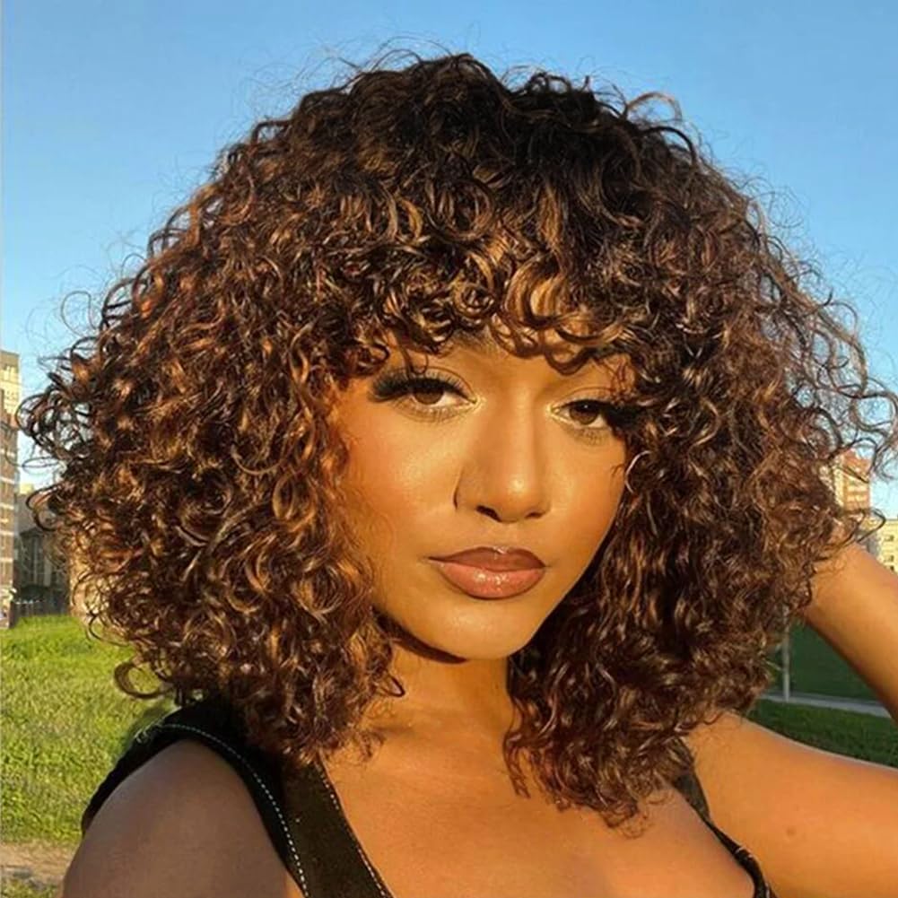 Brown Short Bob Wig Curly Human Hair Wigs With Bangs Non Lace Front Wig Wear And Go Glueless Wig For Black Women