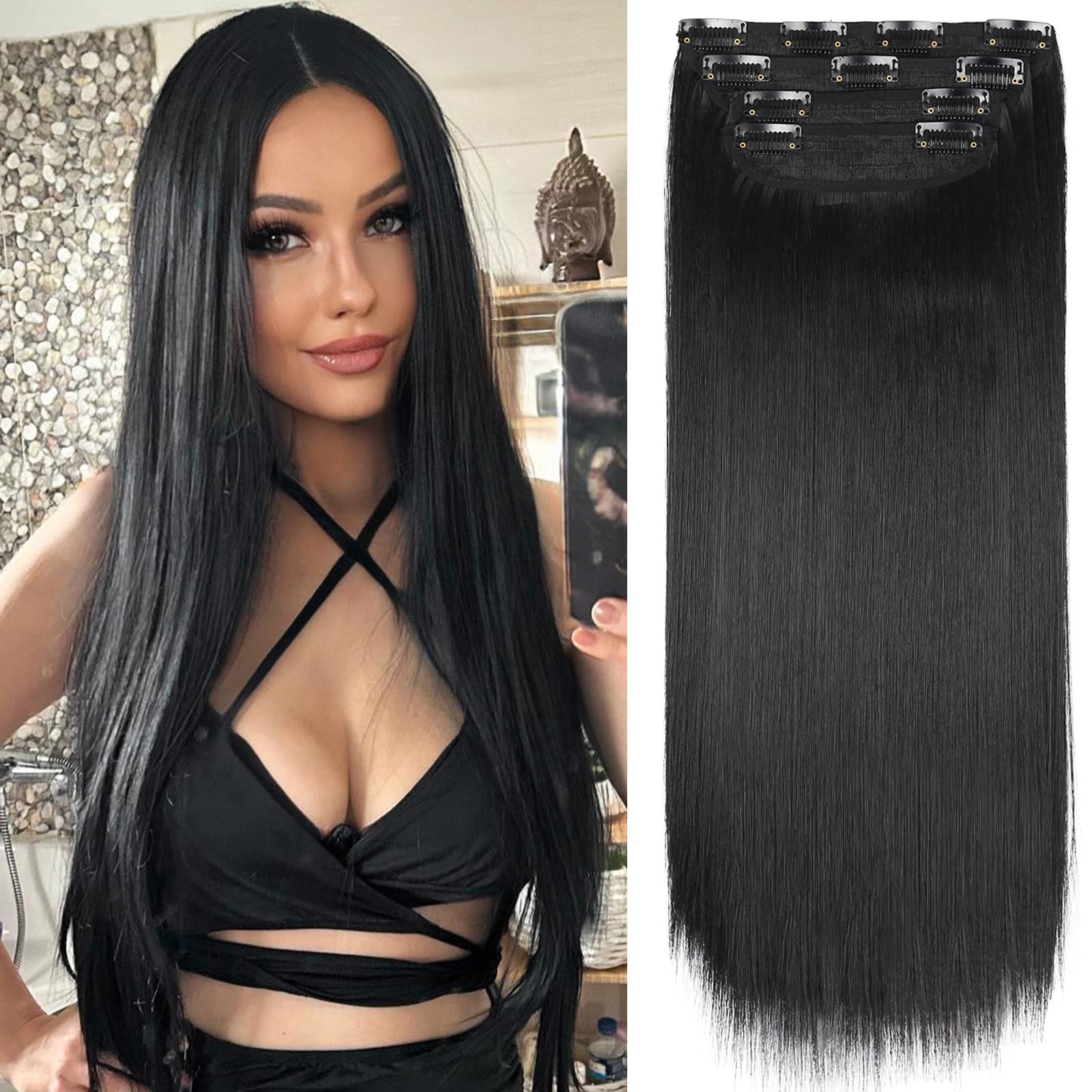 #1B Clip In Hair Extensions Real Human Hair 100% Remy Straight Human Hair Extensions For Fashion Women 8pcs Natural Black