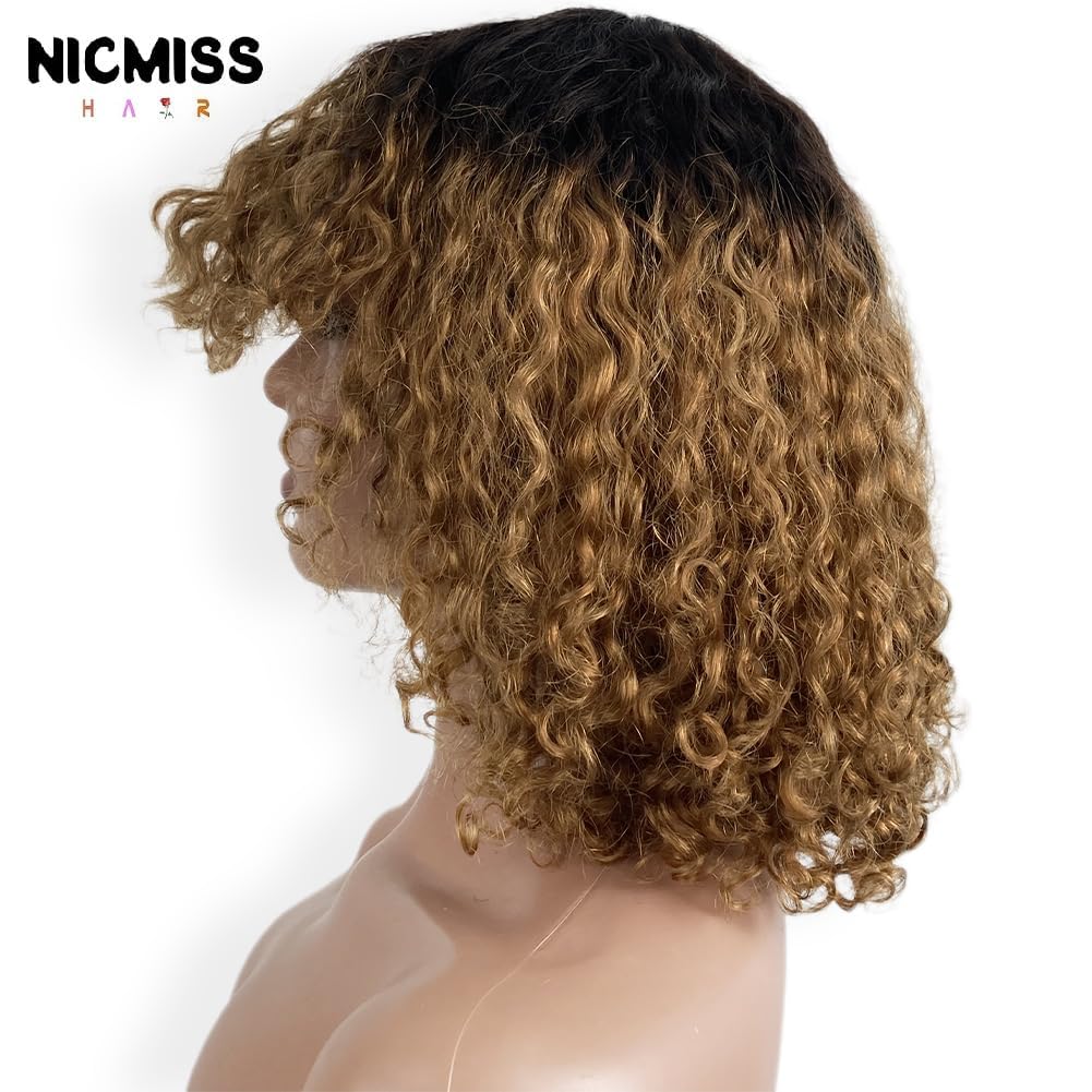 Brown Short Bob Wig Curly Human Hair Wigs With Bangs Non Lace Front Wig Wear And Go Glueless Wig For Black Women