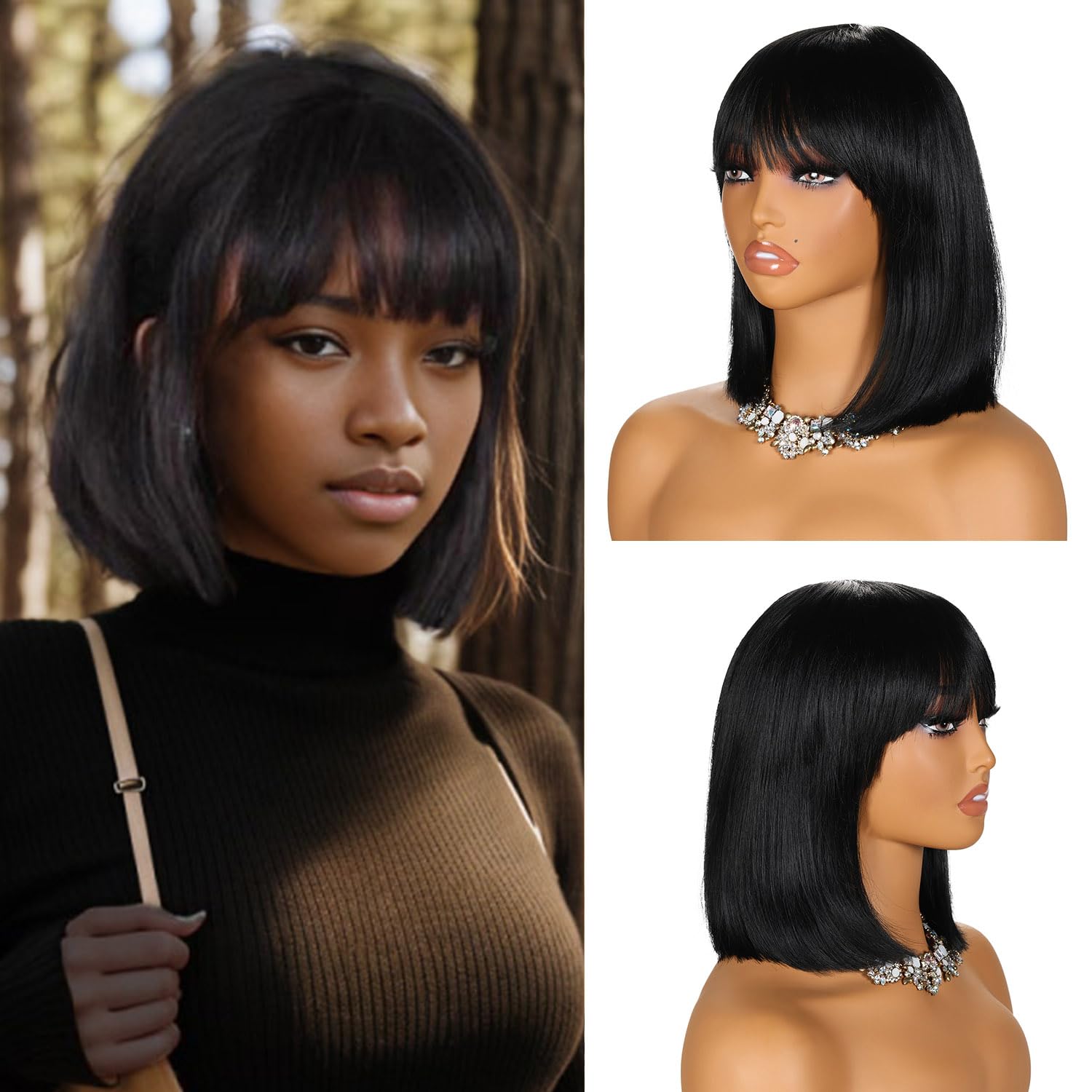 Glueless Minimalist Yaki Straight Bob with Bangs Put On and Go