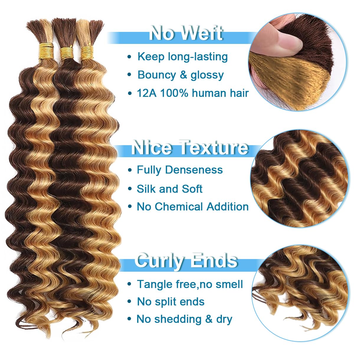 Rovess Virgin Human Hair 100% Unprocessed Boho Braiding 4/27 Highlight Deep Wave Hair Weaving 4 Bundles