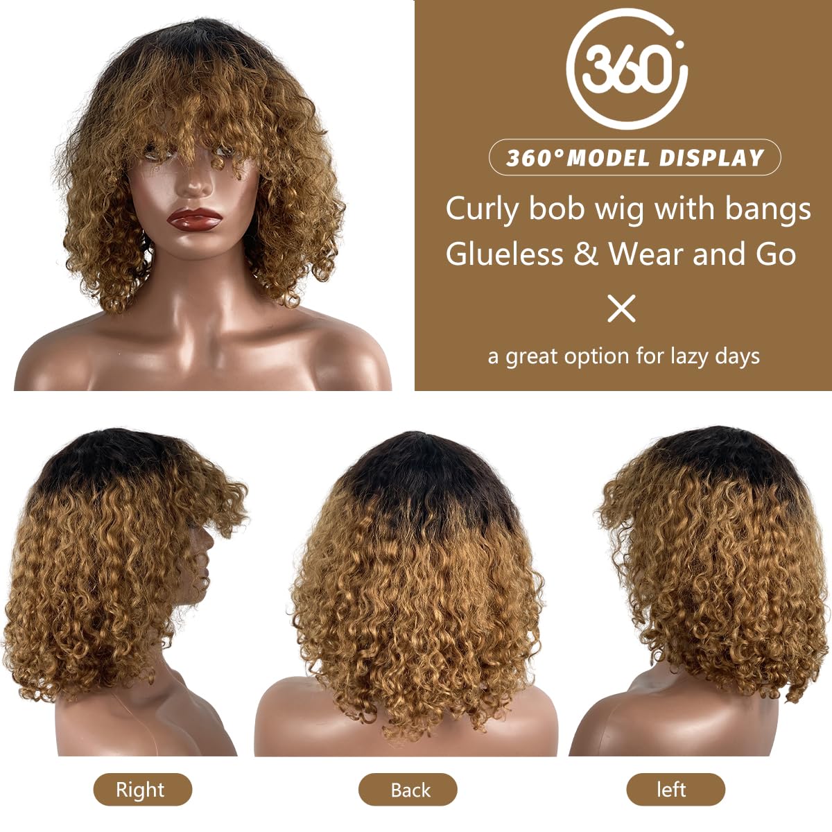 Brown Short Bob Wig Curly Human Hair Wigs With Bangs Non Lace Front Wig Wear And Go Glueless Wig For Black Women