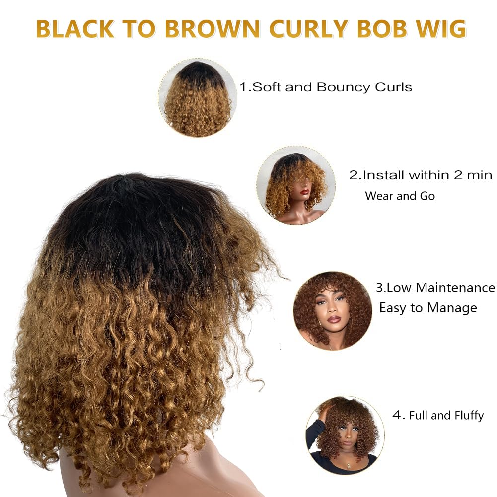 Brown Short Bob Wig Curly Human Hair Wigs With Bangs Non Lace Front Wig Wear And Go Glueless Wig For Black Women