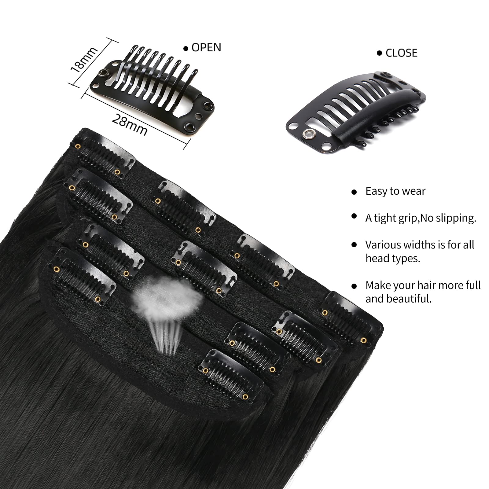#1B Clip In Hair Extensions Real Human Hair 100% Remy Straight Human Hair Extensions For Fashion Women 8pcs Natural Black