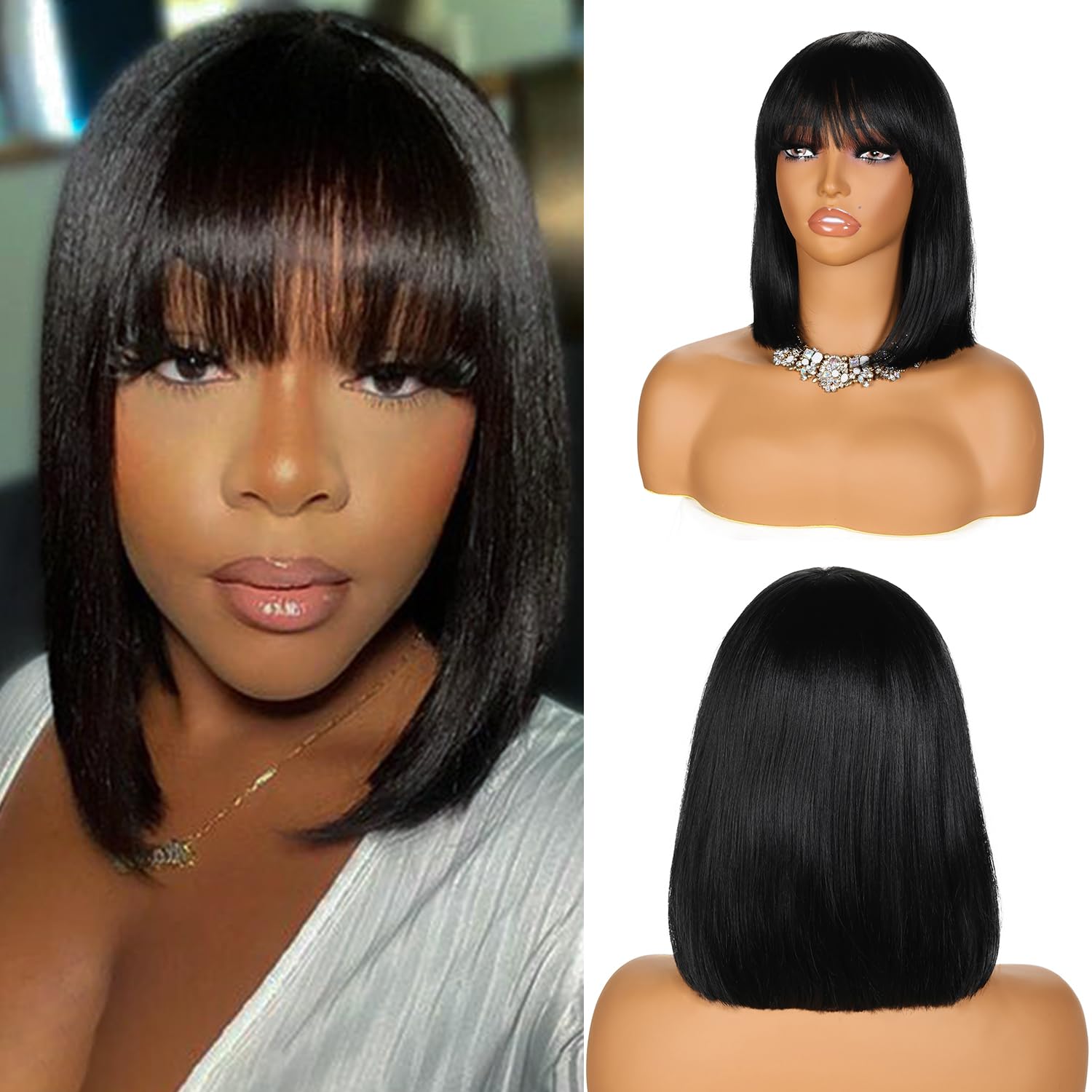 Glueless Minimalist Yaki Straight Bob with Bangs Put On and Go
