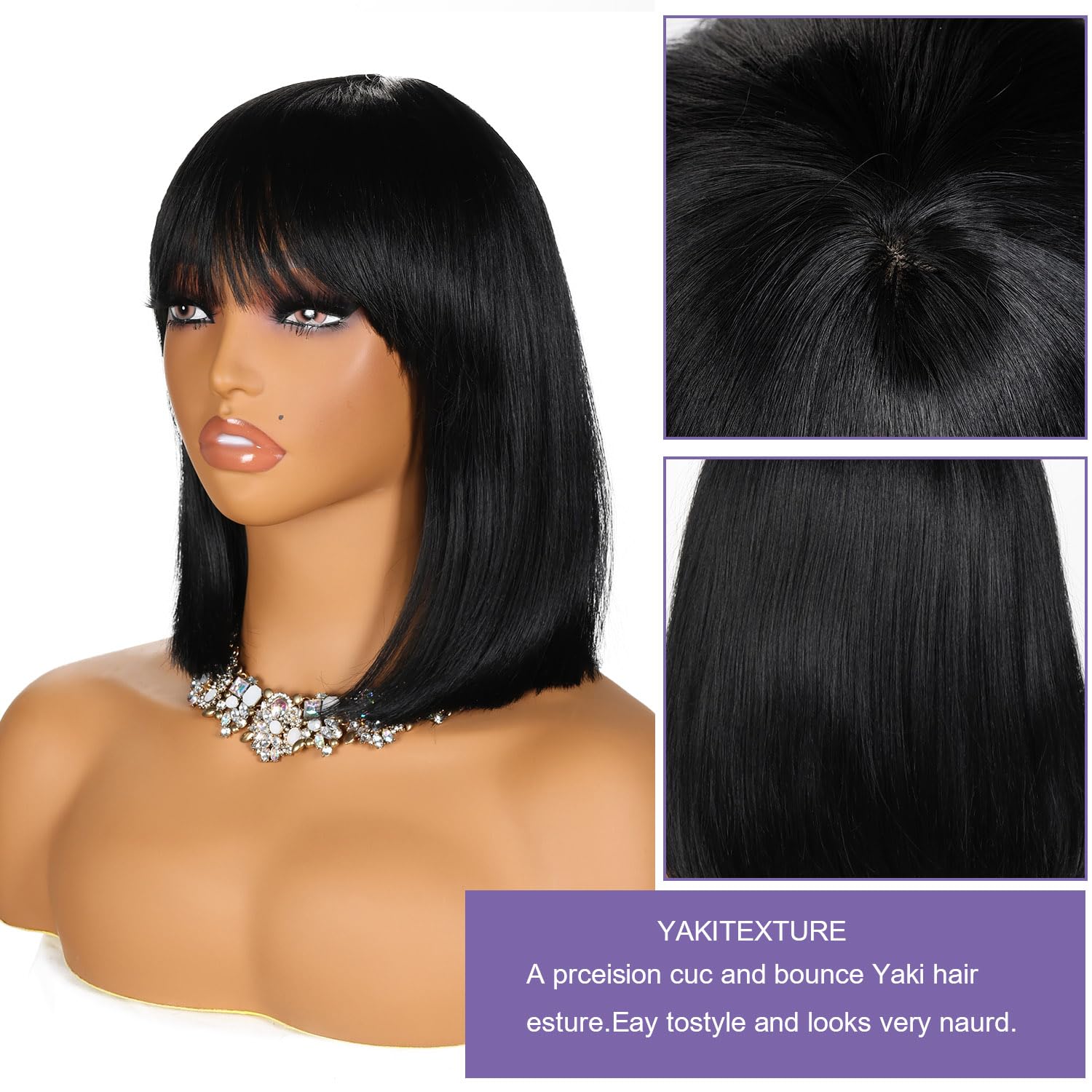 Glueless Minimalist Yaki Straight Bob with Bangs Put On and Go