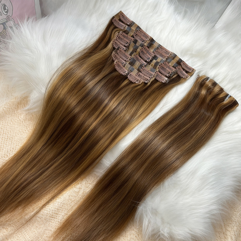 4/27 Highlight Clip in Hair Extension Human Hair 12A Human Hair Long Straight 22inch Clip in Extensions Human Hair