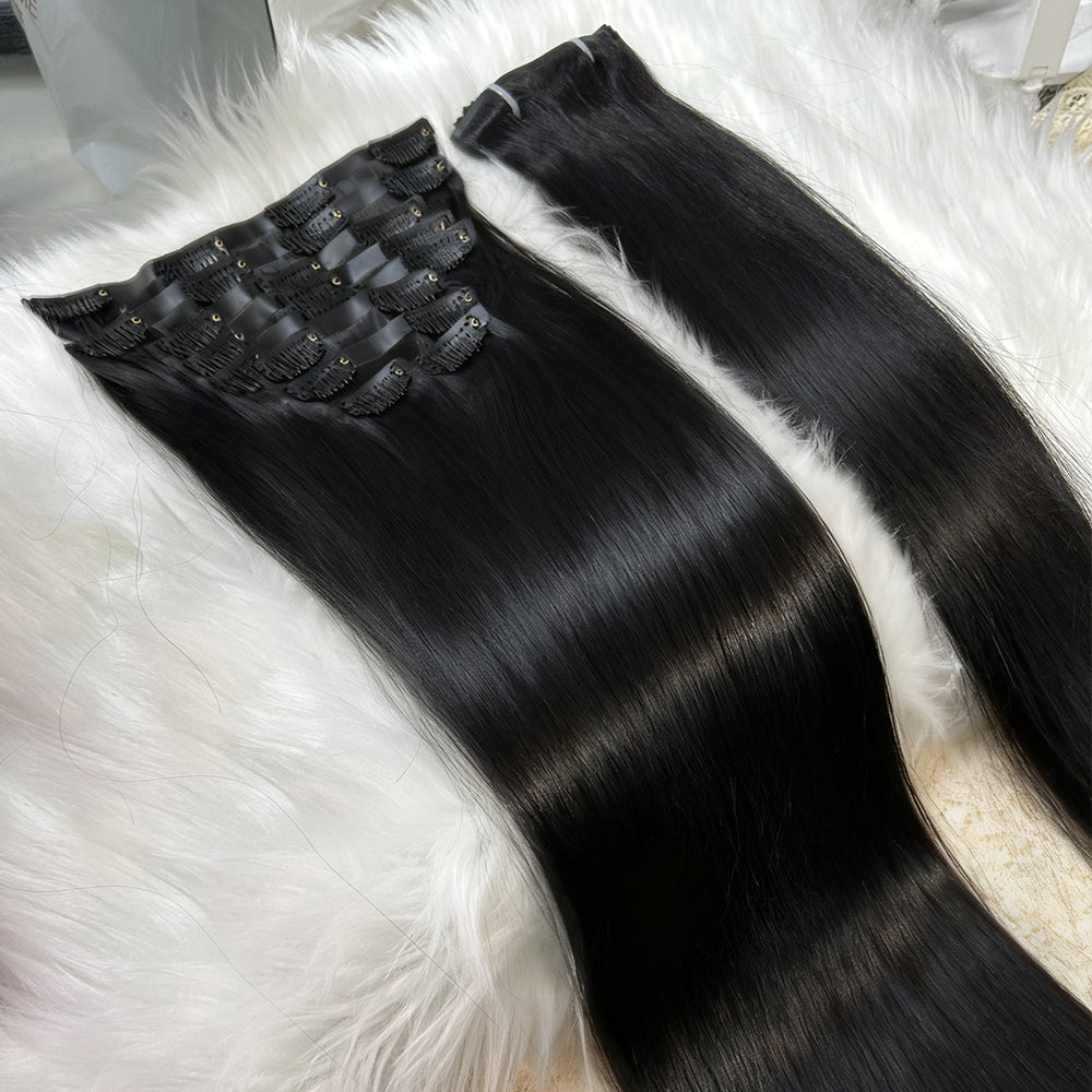 #1B Clip In Hair Extensions Real Human Hair 100% Remy Straight Human Hair Extensions For Fashion Women 8pcs Natural Black