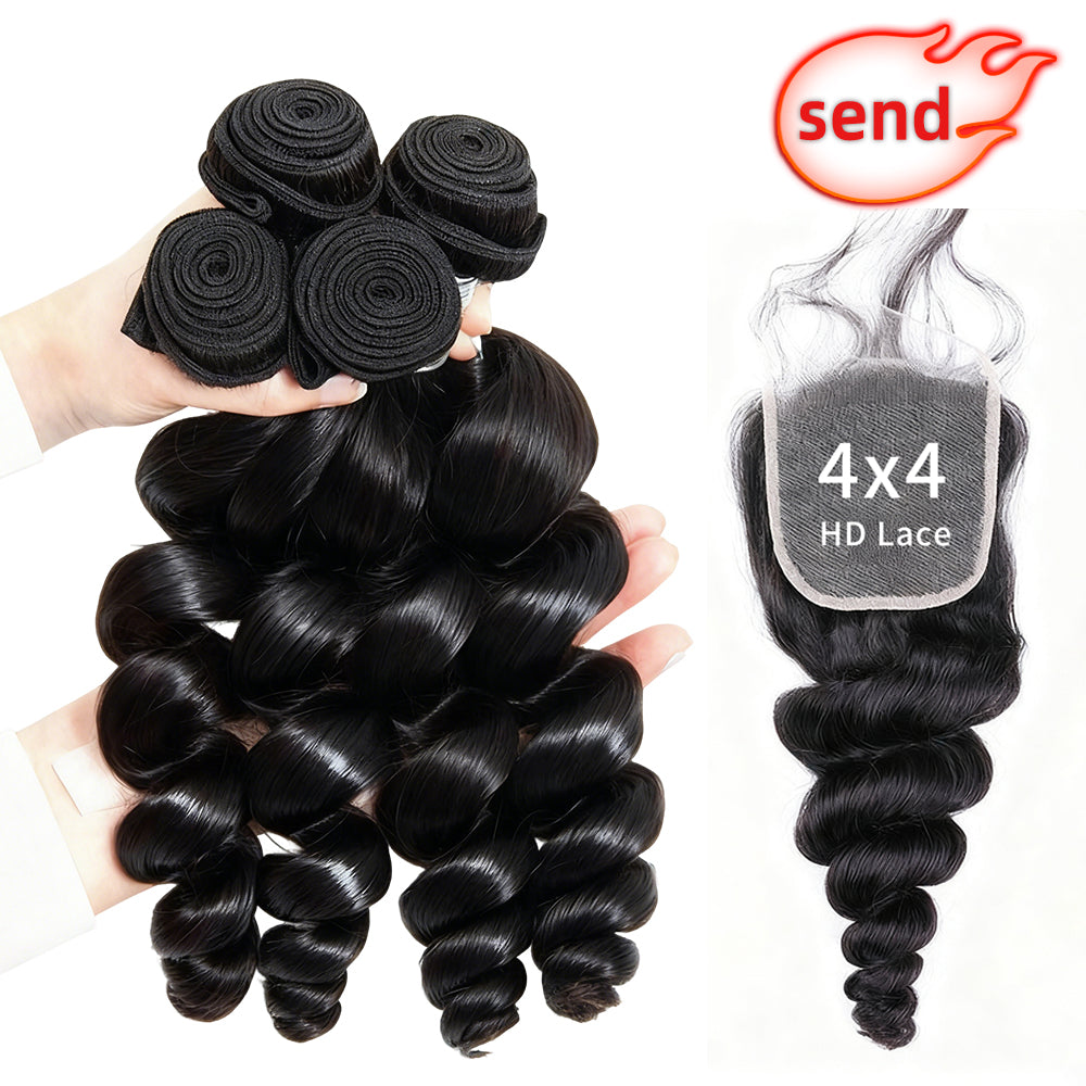 14–34 Inch Luxury Natural Black 100% Virgin Brazilian Human Hair Loose Wave Bundles –  4 Bundles, 80g Each, Silky & Full | FREE 16 Inch 4x4 Lace Closure