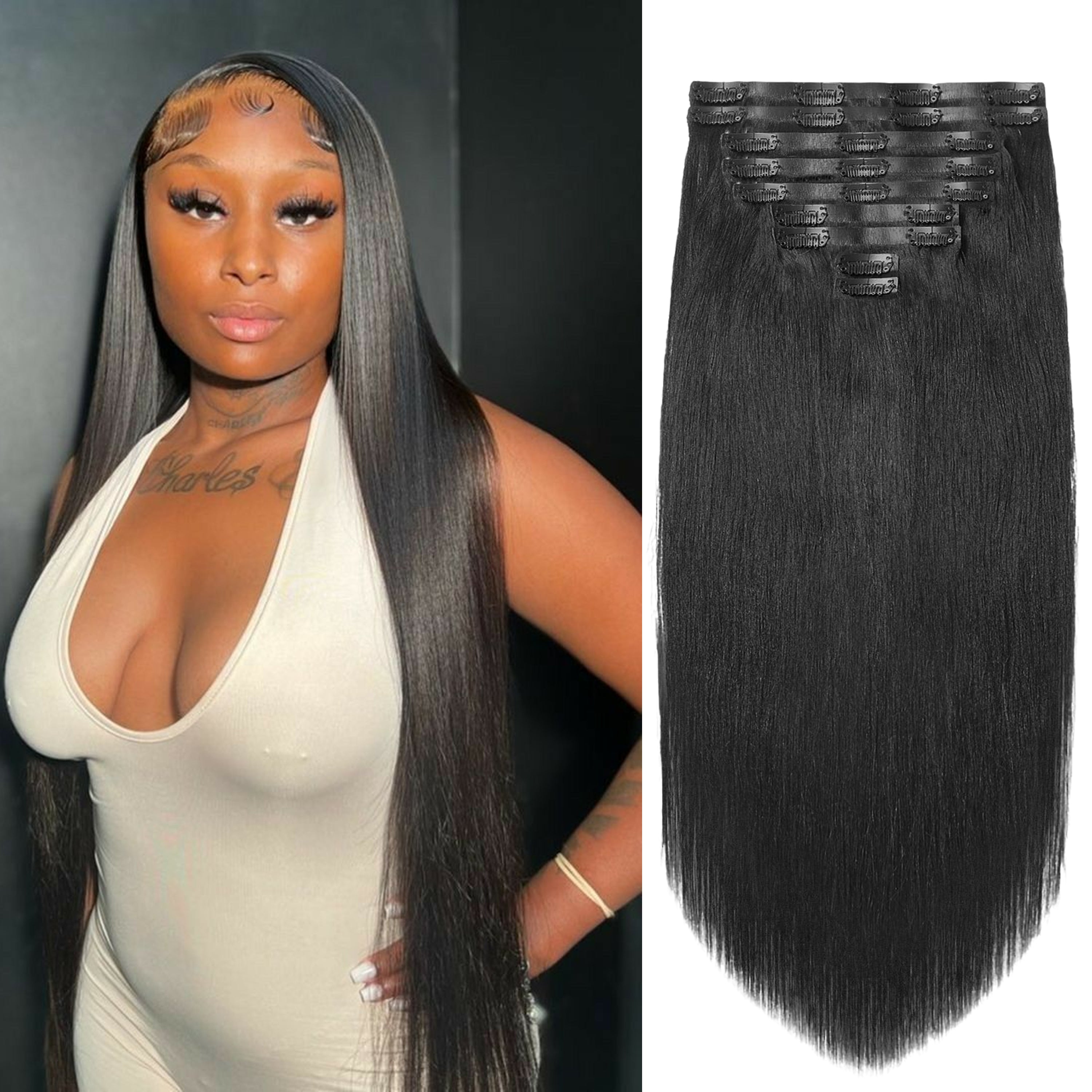 #1B Clip In Hair Extensions Real Human Hair 100% Remy Straight Human Hair Extensions For Fashion Women 8pcs Natural Black