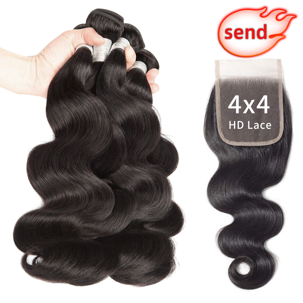 14–34 Inch Luxury Natural Black 100% Virgin Brazilian Human Hair Body Wave Bundles –  4 Bundles, 80g Each, Silky & Full | FREE 16 Inch 4x4 Lace Closure