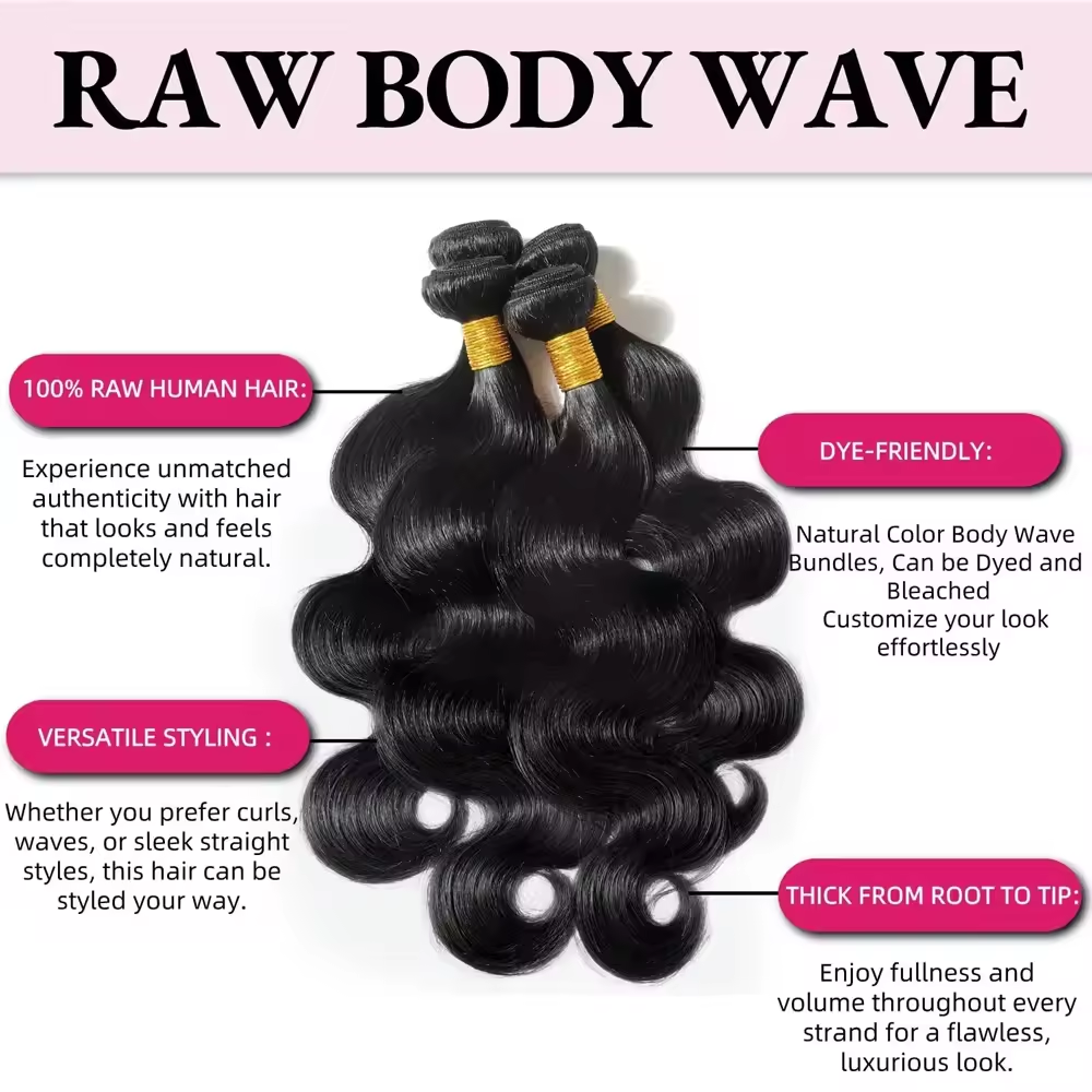 14–34 Inch Luxury Natural Black 100% Virgin Brazilian Human Hair Body Wave Bundles –  4 Bundles, 80g Each, Silky & Full | FREE 16 Inch 4x4 Lace Closure