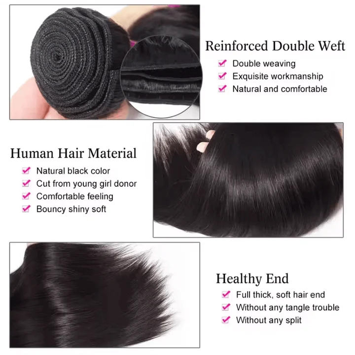 14–34 Inch Luxury Natural Black 100% Virgin Brazilian Human Hair Straight Bundles – 4 Bundles, 80g-100g Each, Silky & Full | FREE 16 Inch 4x4 Lace Closure