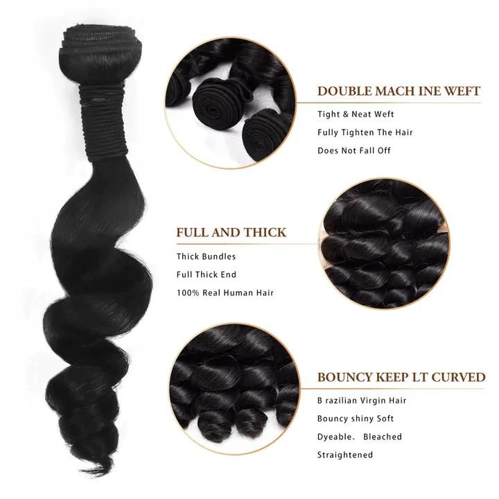 14–34 Inch Luxury Natural Black 100% Virgin Brazilian Human Hair Loose Wave Bundles –  4 Bundles, 80g Each, Silky & Full | FREE 16 Inch 4x4 Lace Closure
